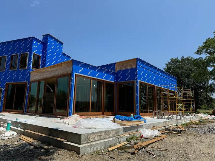 Wood-framed windows on a new build